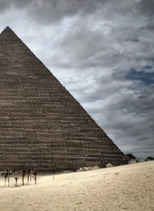 Prompt: photo of a massive metal pyramid on a beach, realistic photo, shot with a gopro, found footage, colors, very looming, eerie, creepy