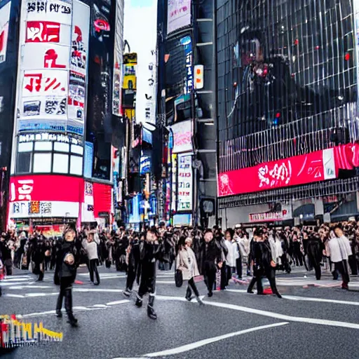 Prompt: Till Lindemann on Shibuya Scramble Crossing, Sakura is blowing, high quality photo