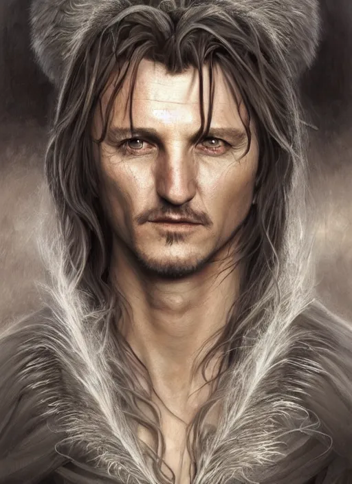 Image similar to Portrait of Sean Penn, white glowing eyes, silver shaggy hair, cloak, ethereal wings, male, fantasy, extremely detailed, digital painting, artstation, concept art, smooth, sharp focus, illustration, stunning lighting, art by artgerm and greg rutkowski and alphonse mucha and simon stalenhag, realistic character concept, high fantasy, light atmosphere, golden ratio, cinematic lighting, hyperdetailed, high resolution, insanely detailed and intricate, artstation, Marc Simonetti, Greg Rutkowski, 8k