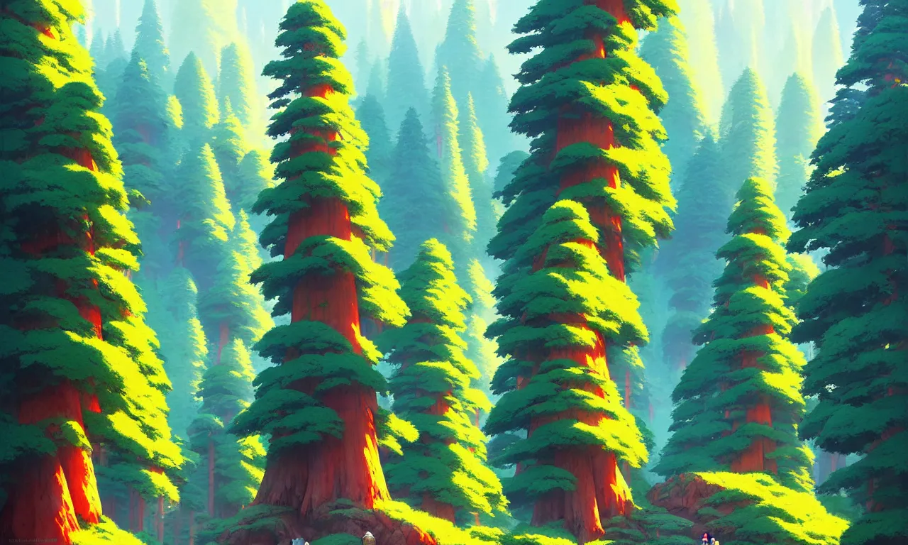 Image similar to Sequoia forest in a colorful moutain with beautiful trees , no people, morning, by studio ghibli painting, superior quality, masterpiece, traditional Japanese colors, by Grzegorz Rutkowski, concept art