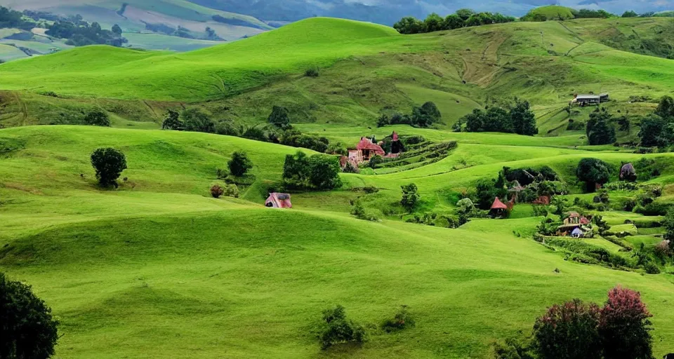 Image similar to verdant valley and rolling hills reminiscent of hobbiton, the lord of the rings