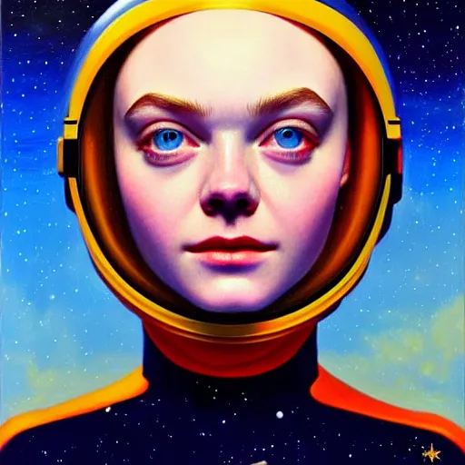 Image similar to portrait of a elle fanning wearing a spacesuit in the dark depths of space, detailed realism face in painting, detailed beautiful portrait, oil painting masterpiece, 8 k resolution, smooth, sharp focus, trending on artstation, by edward hopper