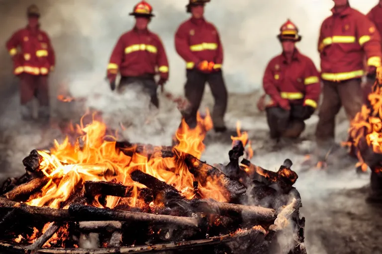 Prompt: closeup potrait firefighters having a barbecue in front of a house fire, natural light, sharp, detailed face, magazine, press, photo, Steve McCurry, David Lazar, Canon, Nikon, focus