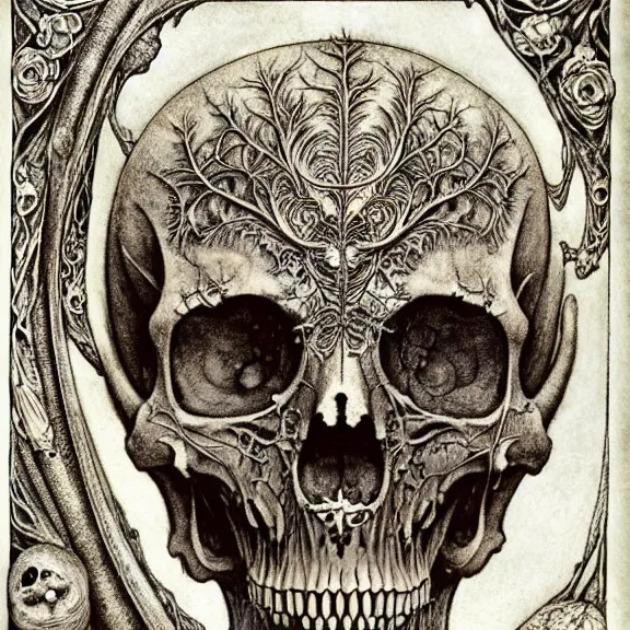 Image similar to memento mori by arthur rackham, art forms of nature by ernst haeckel, exquisitely detailed, art nouveau, gothic, ornately carved beautiful skull dominant, intricately carved antique bone, art nouveau botanicals, ornamental bone carvings, art forms of nature by ernst haeckel, horizontal symmetry, arthur rackham, ernst haeckel, symbolist, visionary