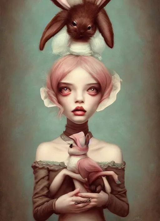 Image similar to pop surrealism, lowbrow art, realistic cute alice girl painting, holding bunny, hyper realism, muted colours, rococo, natalie shau, loreta lux, tom bagshaw, mark ryden, trevor brown style,