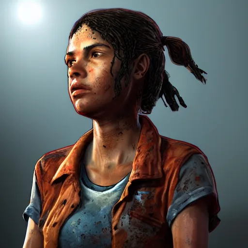 Image similar to portrait art of clementine from game the walking dead by telltale games, 8 k ultra realistic, lens flare, atmosphere, glow, detailed, intricate, full of colour, led lighting, 4 k, hyperrealistic, focused, extreme details, unreal engine 5, masterpiece