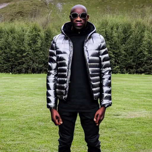 Image similar to photo, black man, silver metallic moncler jacket, baring his teeth like a dog