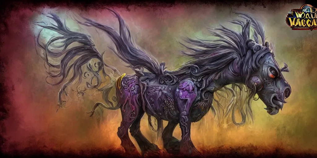 Prompt: a dark fantasy side view of a evil circus coloured carousel horse, tim burton, world of warcraft, league of legends