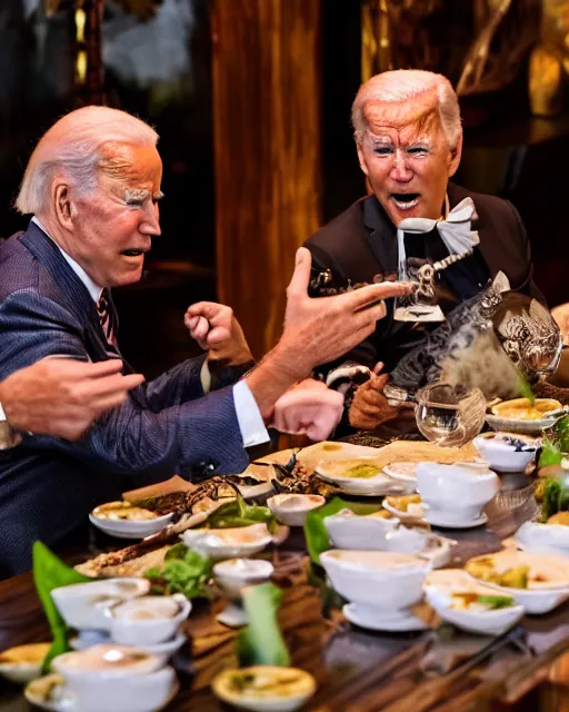 Image similar to Trump and Biden having dinner at a fancy Balinese restaurant, award winning photography, 85mm, perfect faces