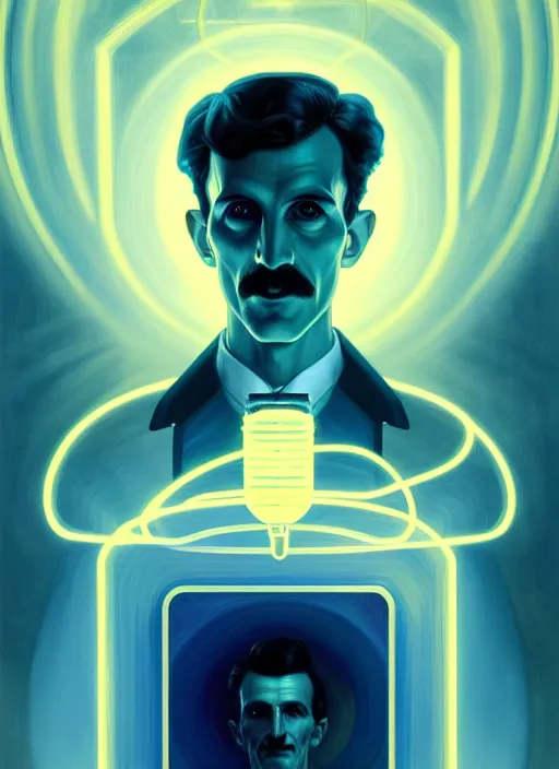 Image similar to symmetry!! portrait of nikola tesla male, chemisty, sci - fi, glowing lights!! intricate, elegant, highly detailed, digital painting, artstation, concept art, smooth, sharp focus, illustration, art by artgerm and greg rutkowski and alphonse mucha, 8 k