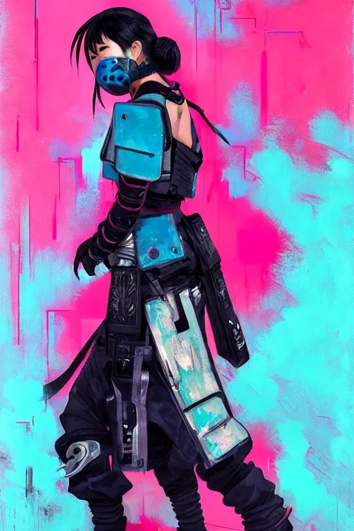 Image similar to stylized japanese cyberpunk ninja girl, wearing urban techwear, and armor, painted in acrylic, pigment textures, in the colors hot pink and cyan, beautiful realistic face, rule of thirds, spotlight, by greg rutkowski, by jeremy mann, by francoise nielly, by van gogh, by ross tran, in focus