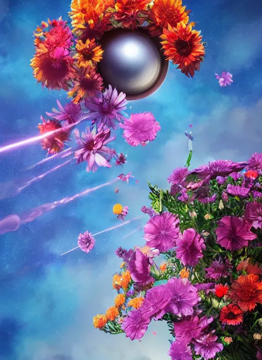 Image similar to An epic fantastic realism comic book style painting of the most beautiful flowers launched into space, bouquets, fisheye lens, unreal 5, DAZ, hyperrealistic, octane render, dynamic lighting