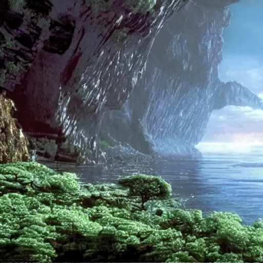 Image similar to film still of a lush natural scene on an alien planet by james cameron. beautiful landscape. weird vegetation. cliffs and water.