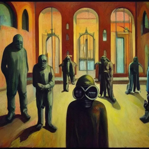 Image similar to apocalyptic scene, prayer, occult, refugees, mosque synagogue interior, gas masks, geometric art, patina, Edward Hopper, PJ Crook