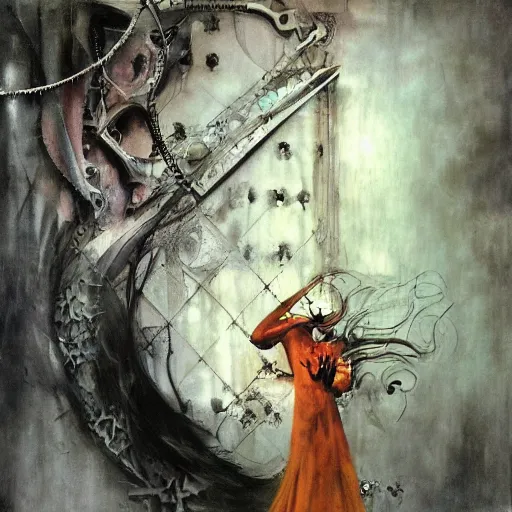 Image similar to she dreams a past she hasn't lived, she holds the key to the gate to reality outside this virtual world, oil on canvas by dave mckean and yoshitaka amano