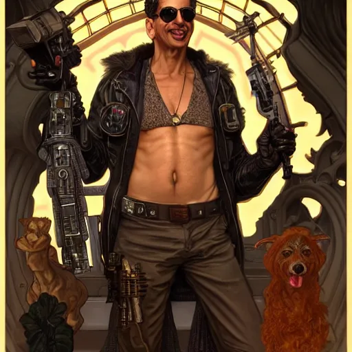 Image similar to full portrait of jeff goldblum as duke nukem, fantasy, d & d, intricate, detailed, by by alphonse mucha, adolfo hohenstein, alice russell glenny, stanley artgerm lau, greg rutkowski, detailed, trending on artstation, trending on artstation, smooth