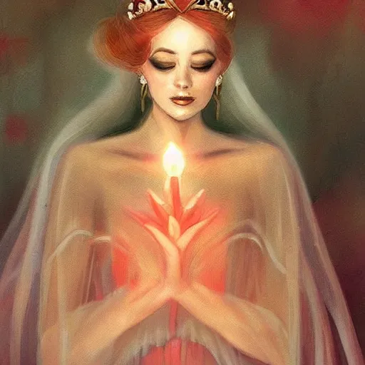 Prompt: Fantastic, fairytale, portrait, painting, beautiful!, female mage!, long flowing red hair, light emitting from fingertips, ornate gown, smoldering, serious, royalty kingdom, royal court, hyperreal, photoreal