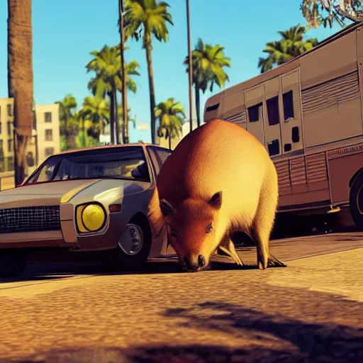 Prompt: Capybara in GTA V, cover art by Stephen Bliss, artstation, no text