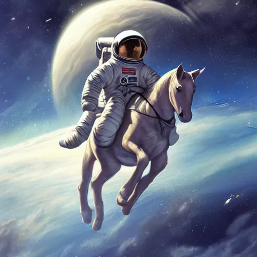 Prompt: award winning painting of an astronaut riding a horse in outer space, character art, sci-fi, high-detailed, vivid, trending on artstation