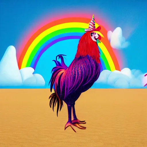Prompt: a rooster wearing a fedora, standing on a unicorn, at the beach with a rainbow in the sky, hyperrealism