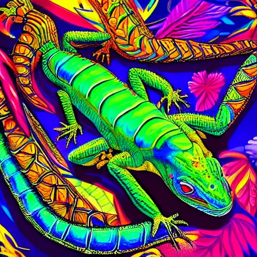 Image similar to psychedelic, photorealistic, colorful lizard in a maximalist style on a background that fades to black