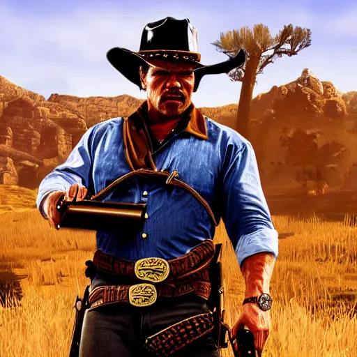 Image similar to Arnold Schwarzenegger in red dead redemption 2 4K detail