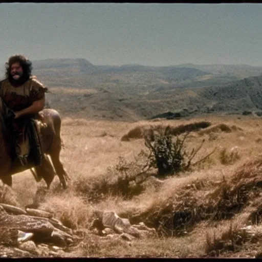 Prompt: Danny DeVito as a Hunnic barbararian on a horse, at the top of a hill overlooking a battleground campsite, film still