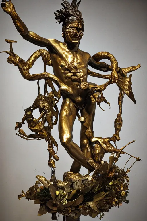 Image similar to Jean-Michel Basquiat as a bronze full-body statue of Icarus spreading his arms and arching his back for flight, glowing quartz crystal skull, wreath of ferns, flowing sakura-colored silk, fabric, flowers. baroque elements, human skull. full-length view. baroque element. intricate artwork by caravaggio. many many birds birds on background. Trending on artstation. halo. octane render, cinematic, hyper realism, octane render, 8k, depth of field, 3D