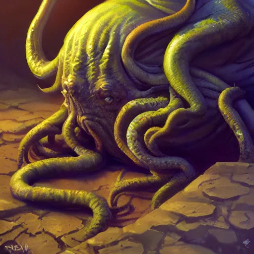 Prompt: cthulhu garfield, 4 k oil on linen by wlop, artgerm, andrei riabovitchev, nuri iyem, james gurney, james jean, greg rutkowski, highly detailed, soft lighting 8 k resolution