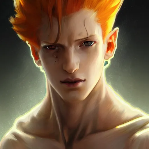 Prompt: portrait of hisoka morow hunter hunter, male, upper body sharp jaw yellow eyes small eyes red hair, medium length hair, anime, fantasy, intricate, elegant, highly detailed, digital painting, artstation, concept art, matte, sharp focus, illustration, art by artgerm and greg rutkowski and alphonse mucha