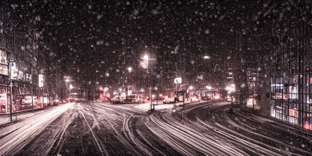 Image similar to a city street at night, snowing, photograph, cyberpunk, sharp focus, intricate detail, Desolate, drone shot, high resolution, 8k neon streetlights