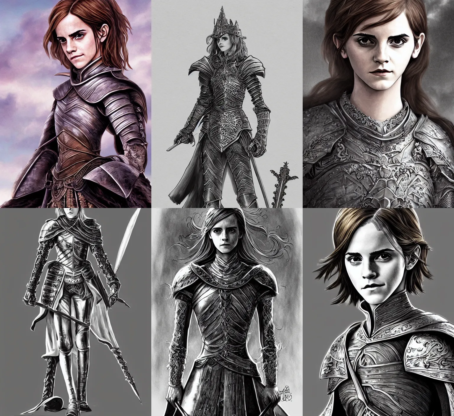 Prompt: Emma Watson as a knight, highly detailed, artstation, art by Kentaro Miura