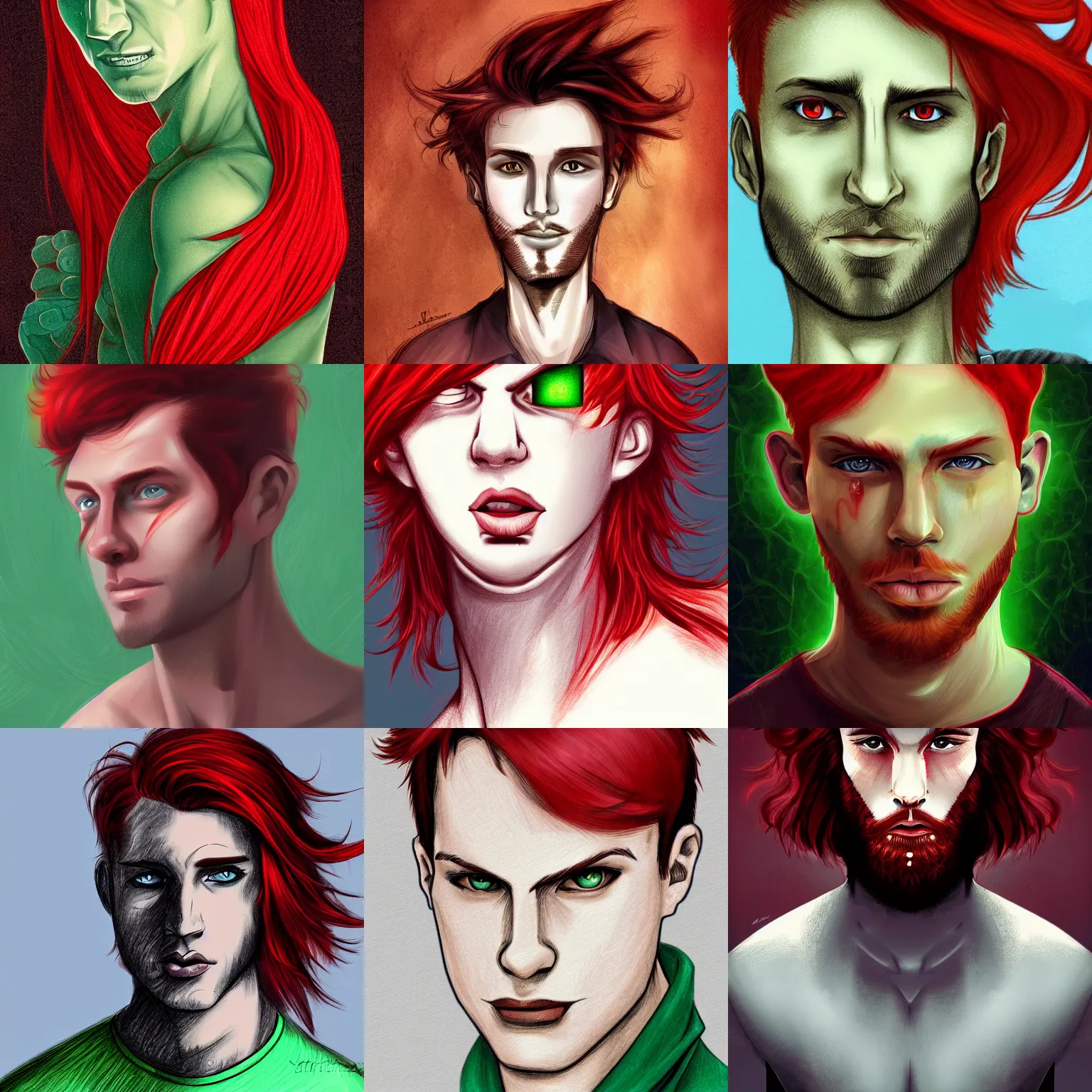 Prompt: a drawing of a man with red hair and green eyes, digital art by muggur, trending on deviantart, digital art, hellish background, digital illustration, digital painting