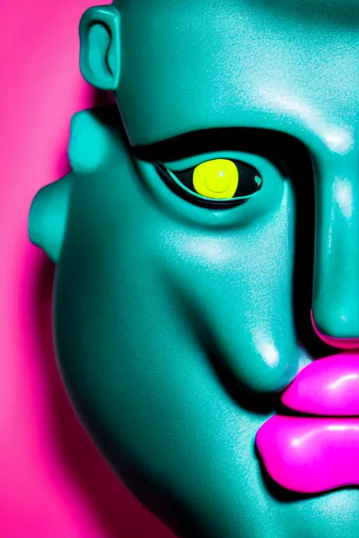 Image similar to hyperrealistic very deatiled profile rococo female face with neon pink eyes and mechanical mouth Stanley Artgermm very soft teal lighting wide angle 35mm shallow depth of field 8k