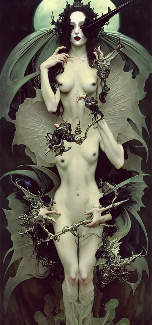 Image similar to baroque oil painting portrait of vampire queen in gothic robes with bat wings, by nekro, peter mohrbacher, alphonse mucha, brian froud, yoshitaka amano, kim keever, victo ngai, james jean