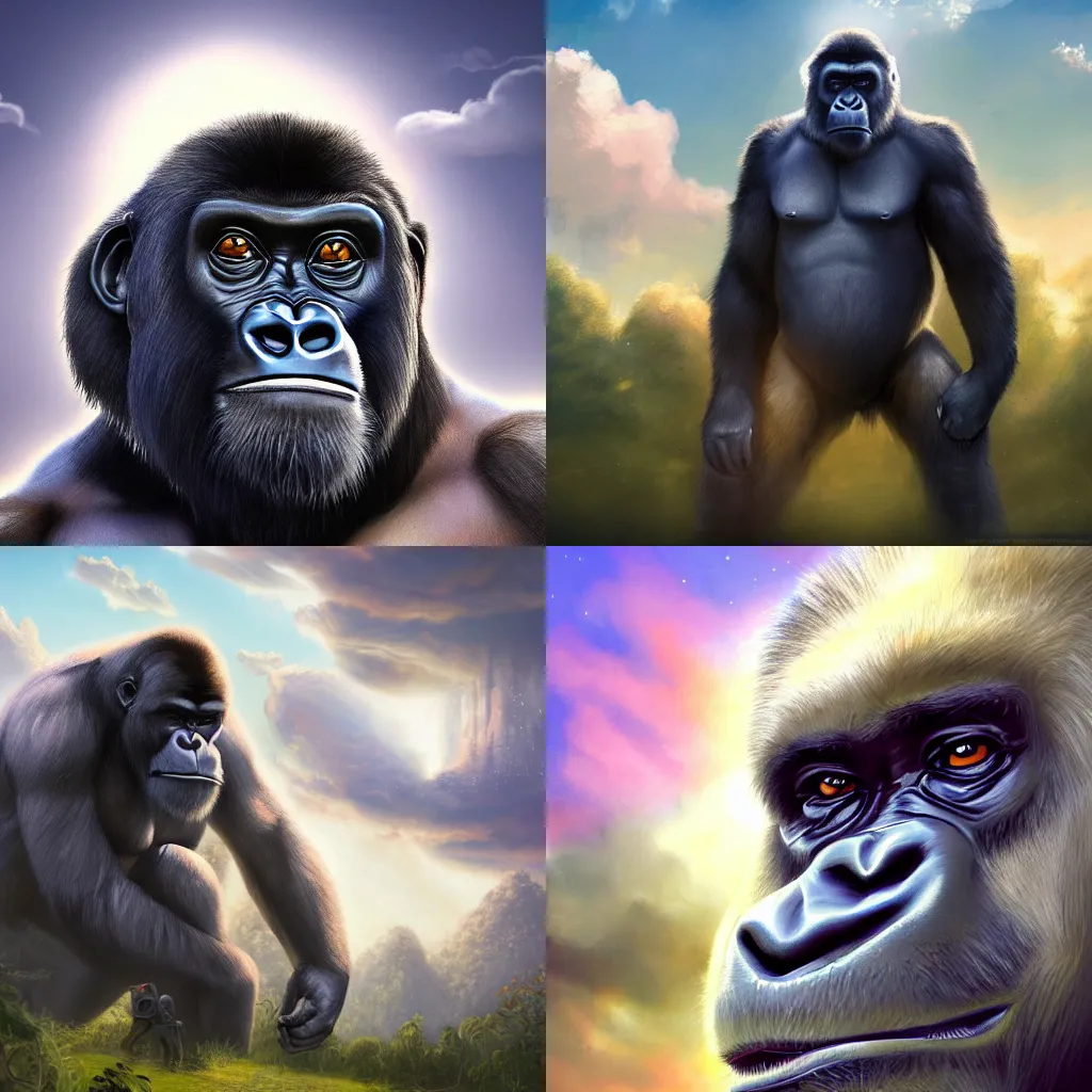 Prompt: A beautiful, perfect, impressive, amazing concept art painting of harambe with a halo over his head in a tower made of fluffy clouds, trending on ArtStation