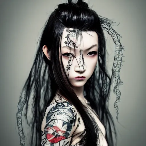 Image similar to japanese gothic model with maximalist hair style and kanji tattoos, dark colors, fashion model, portrait shot, depth of field, 8 k, hyper detailed, intricate, trending on artstation