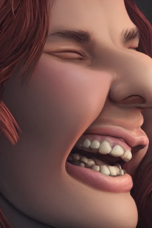 Prompt: a beautiful close up of a person's face with a big smile while they're doing something they love. hq. trending on artstation