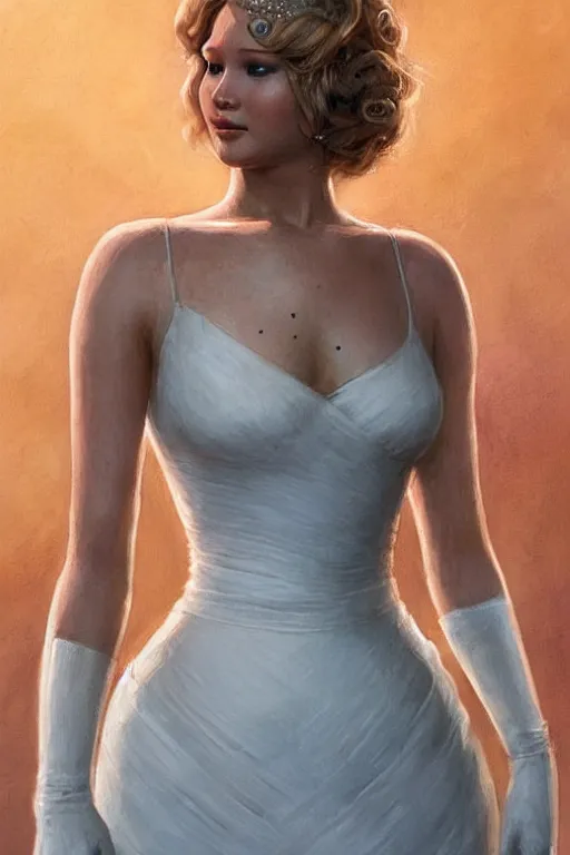 Image similar to Jennifer Lawrence as Queen wearing a White Dress, anatomy, only two hands, highly detailed, digital painting, artstation, concept art, smooth, sharp focus, illustration, Unreal Engine 5, 8K, art by art by artgerm and greg rutkowski and edgar maxence
