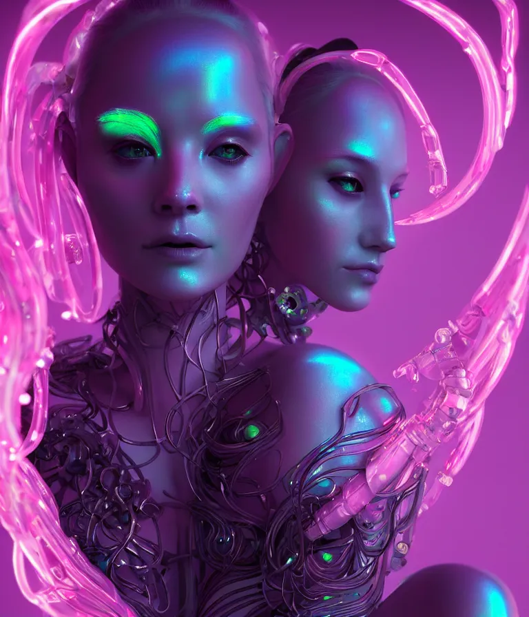 Image similar to iridescent portrait of a beautiful princess in robe. hard surface modelling. cyberpunk look. biomechanical mask. bio luminescent biomechanical halo around head. neon jellyfish. artwork by jarold Sng by artgerm, by Eddie Mendoza, by Peter mohrbacher by tooth wu, unreal engine, octane render, cinematic light, high details, iridescent colors, dichroic, macro, 4l