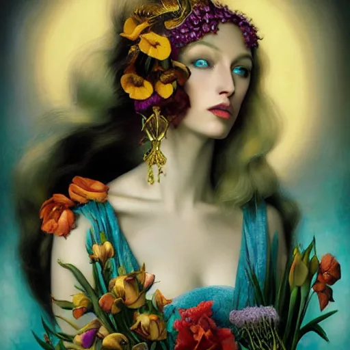 Image similar to dynamic composition, blonde woman with hair of irises and spring flowers wearing ornate earrings, ornate gilded details, a surrealist painting by tom bagshaw and jacek yerga and tamara de lempicka and jesse king, wiccan, pre - raphaelite, featured on cgsociety, pop surrealism, surrealist, dramatic lighting