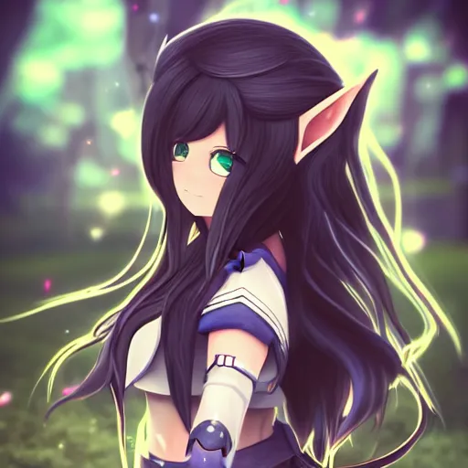 Image similar to adorable young cute anime elf girl, long black hair, detailed fantasy armor, symmetrical face. beautiful spark eyes. beautiful lineart. bokeh pixiv # 1 ranking depth focus, chromatic aberration, noise, soft lighting, srgb, 4 k, cinematic