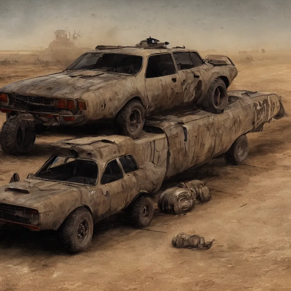 Image similar to a single Dacia 1310 in Mad Max, artstation, concept art