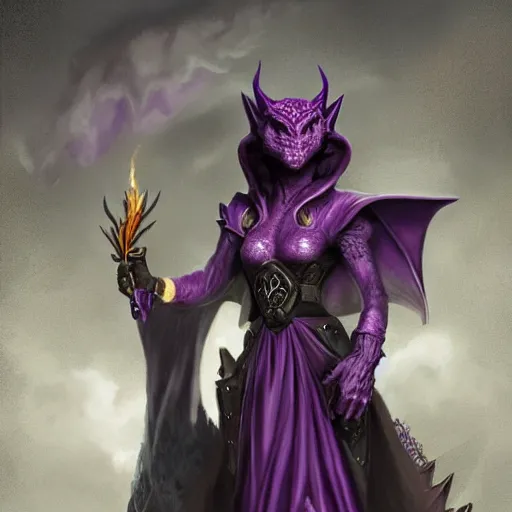Prompt: ferocious purple female dragonborn, wearing a cape, wizard robe, sinister and stylish, pretty, beautiful, dnd character art portrait, matte fantasy painting, deviantart artstation, by jason felix, by steve argyle, by tyler jacobson, by peter mohrbacher, cinema