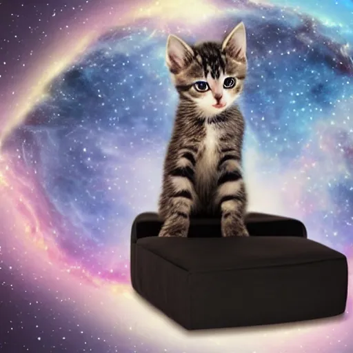 Image similar to a kitten wearing a cape floating through space surrounded by floating recliner chairs, galaxies, dramatic lighting, stars, suns, spirals