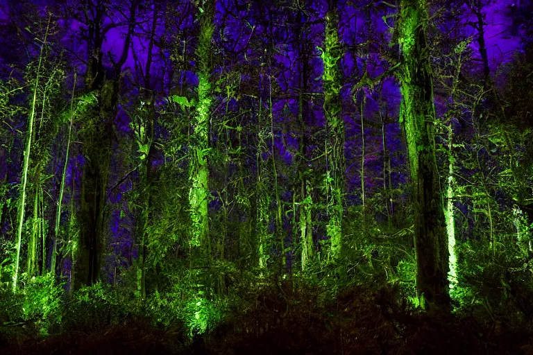 Image similar to bioluminescent pandora nighttime forest. dark. soft glow.