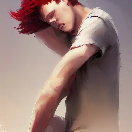 Prompt: teen boy, red hair, modern clothes, gorgeous, amazing, feminine, elegant, intricate, highly detailed, digital painting, artstation, concept art, sharp focus, illustration, art by WLOP and greg rutkowski