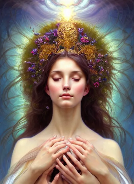 Image similar to fairy queen goddess feminine face meditation!! murky lighting, wind blowing, full body portrait, blessed by nature, physical mental perfection, symmetrical! intricate, sensual, highly detailed, biblical divine holy perfection!! digital painting, artstation, concept art, smooth, sharp focus, by artgerm and greg rutkowski and alphonse mucha