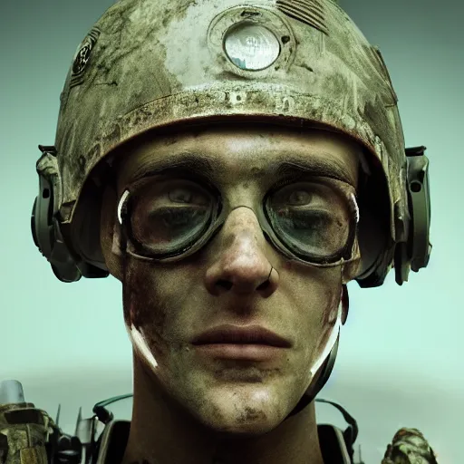 Prompt: portrait of a fallen soldier after world war 2 taken place in the year 3000, futuristic, post apocalyptic, highly detailed, intricate, octane render, studio lighting, cinematic, photograph