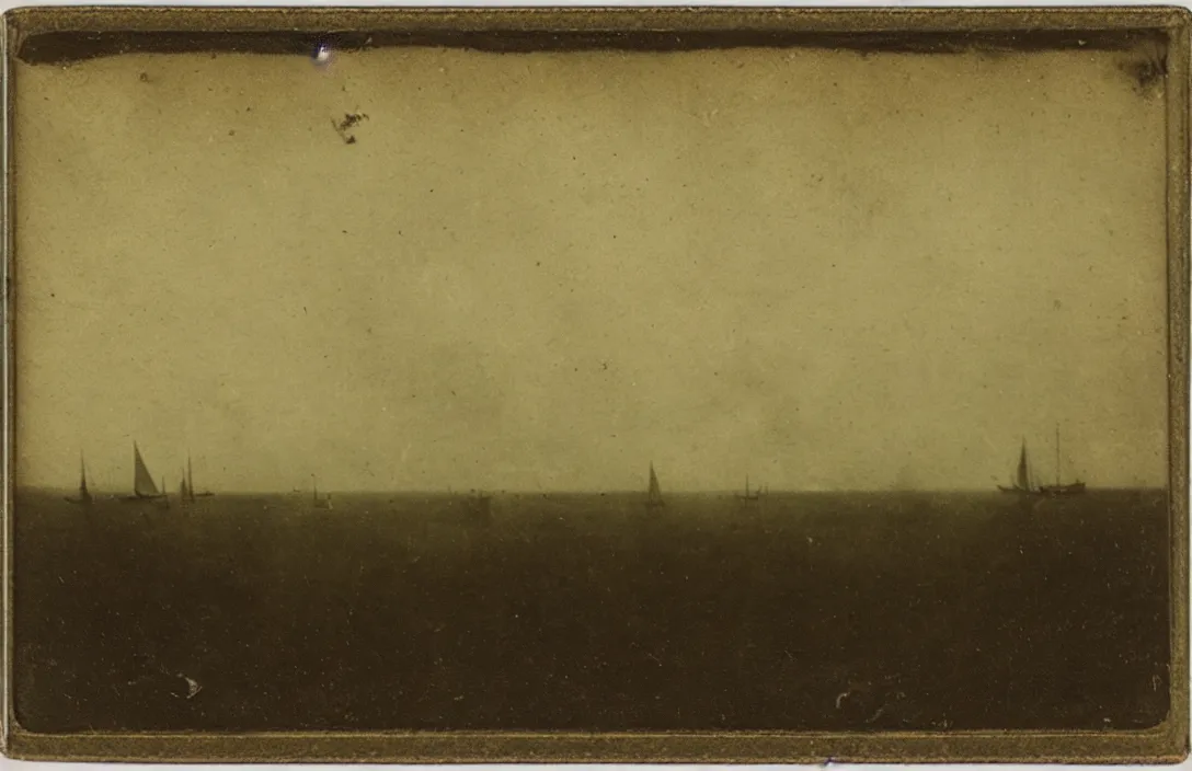 Prompt: the horizon dissolves in mists ambrotype vintage matchbox jan van der heyden